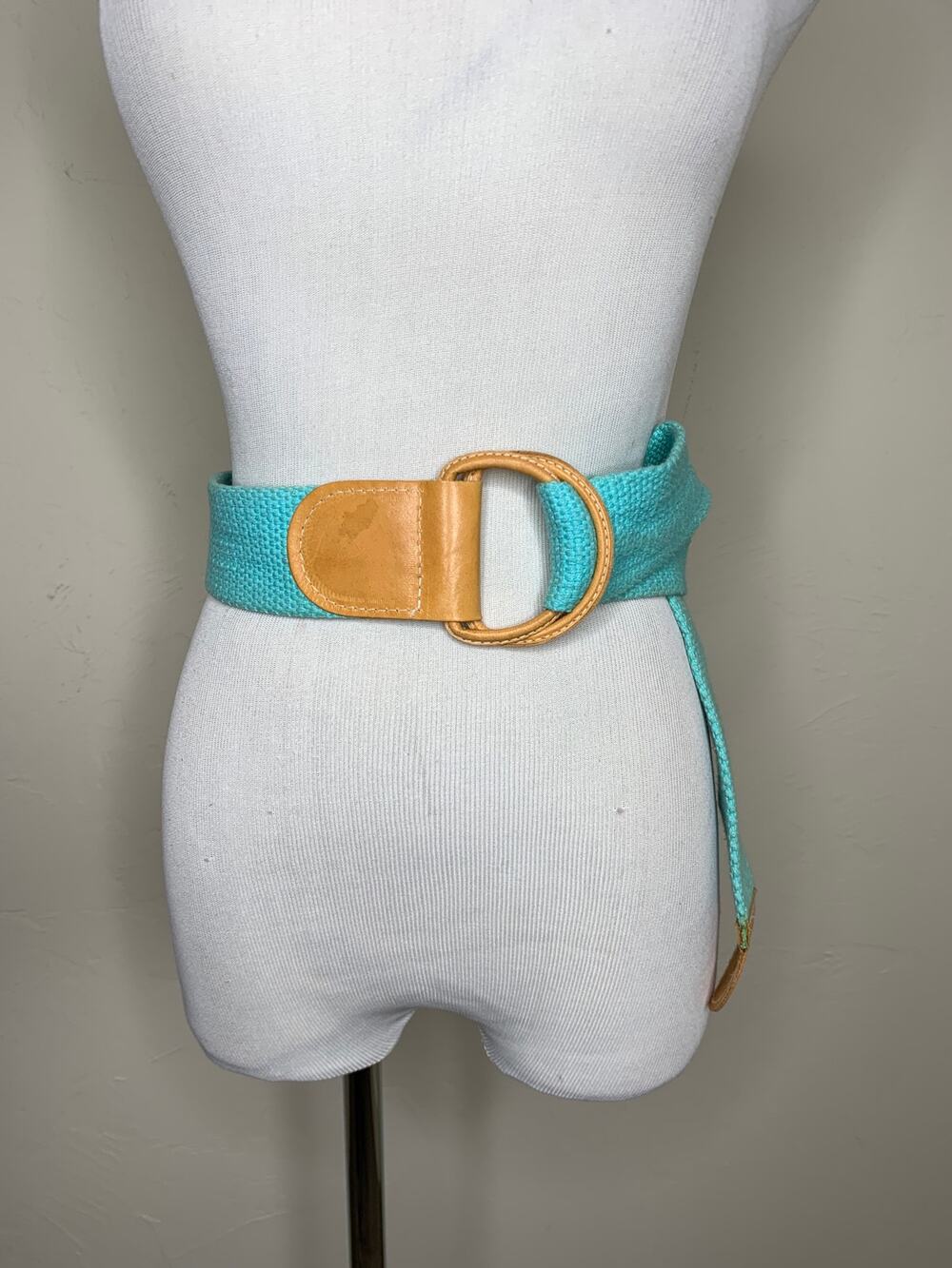 Vintage 70s Aqua Twill Wide Belt Light Tan Leather Hang Ten
